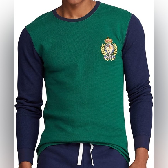 Polo Ralph Lauren Crest Embroidered Waffle Long Sleeve Tee Green/Blue Mens Large - Picture 1 of 5